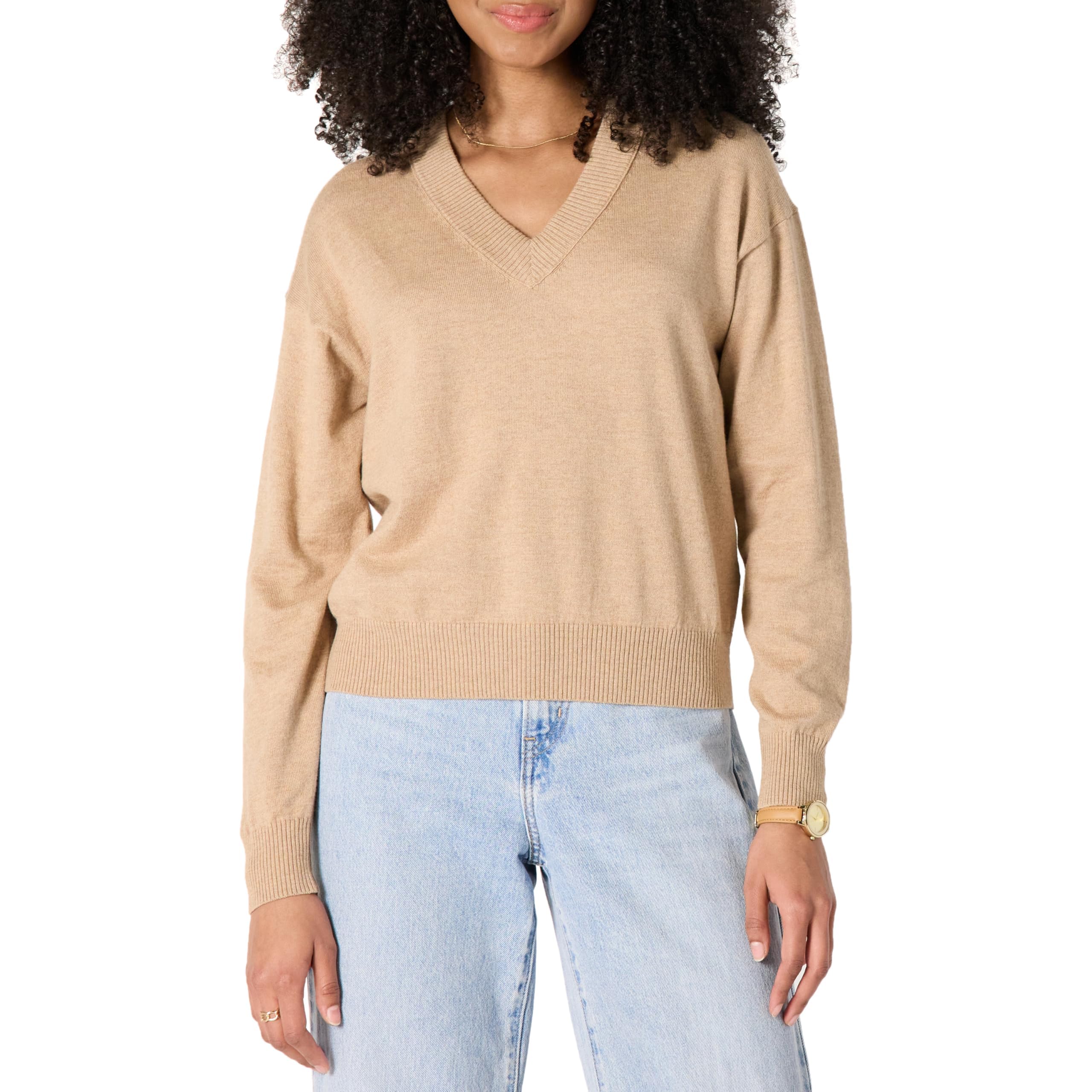 Amazon Essentials Womens Long Sleeve Relaxed-Fit Lightweight V-Neck Cropped Swea