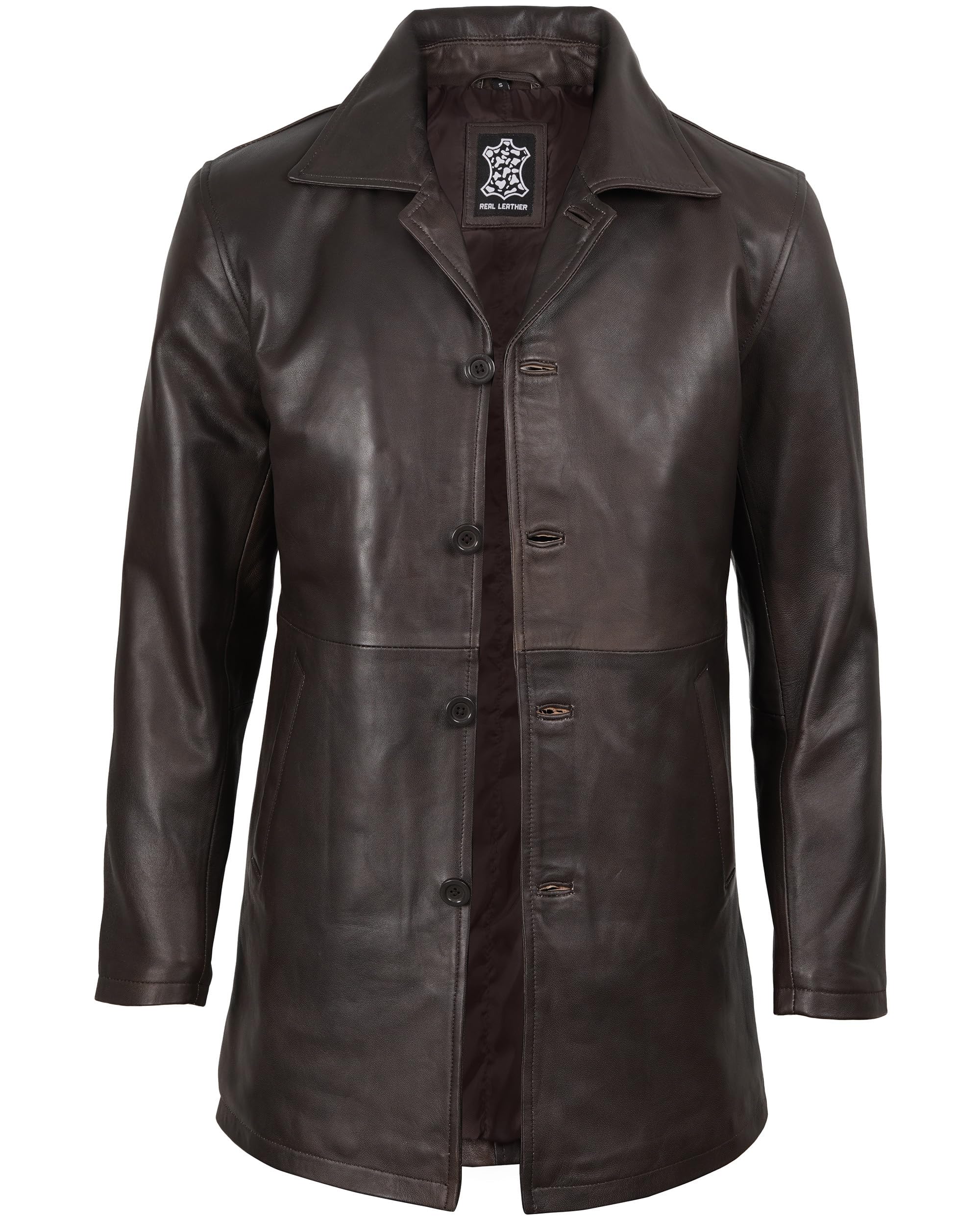 Real Lambskin Leather Car Coat Mid Length Long Jackets For Men