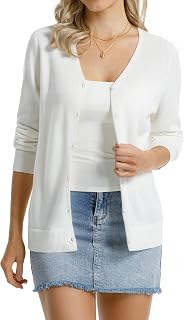 QUALFORT Womens 100% Cotton Lightweight V-Neck Cardigan Sweater, Off White, X-Large