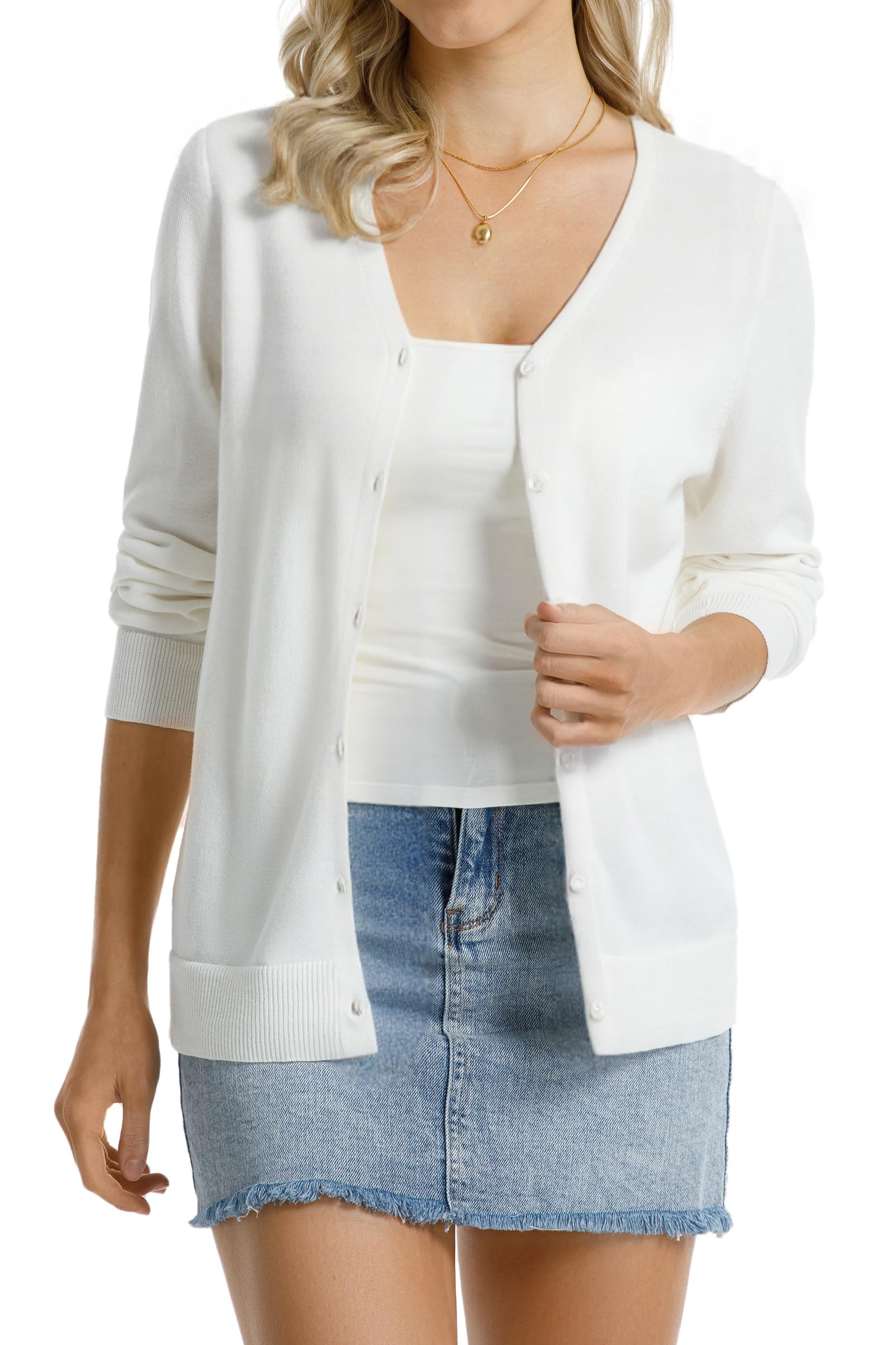 QUALFORT Womens 100% Cotton Lightweight V-Neck Cardigan Sweater, Off White, X-La