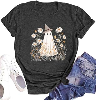 Halloween Shirt Womens Floral Ghost Graphic Shirts Spooky Season Tee Tops