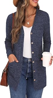 GRECERELLE Women's Long Cardigan Long Sleeve Elegant Comfortable Front Opening Buttons Pockets Sweater Lightweight V-Neck