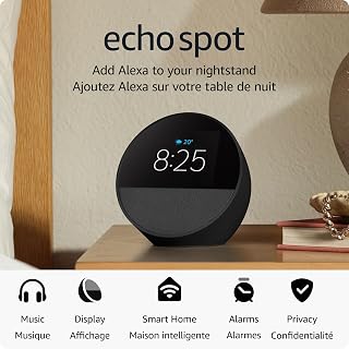 Amazon Echo Spot (newest model), Great for nightstands, offices and kitchens, Smart alarm clock, Designed for Alexa+, Black