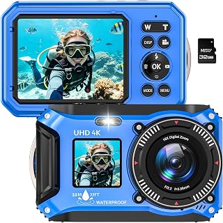 4K Underwater Camera 64MP 33FT Waterproof Camera with 32GB Card | Dual-Screen, 16X Zoom, Autofocus, Floatable, 1500mAh Battery, Fill Light, Ideal for Snorkeling, Swimming, Travel