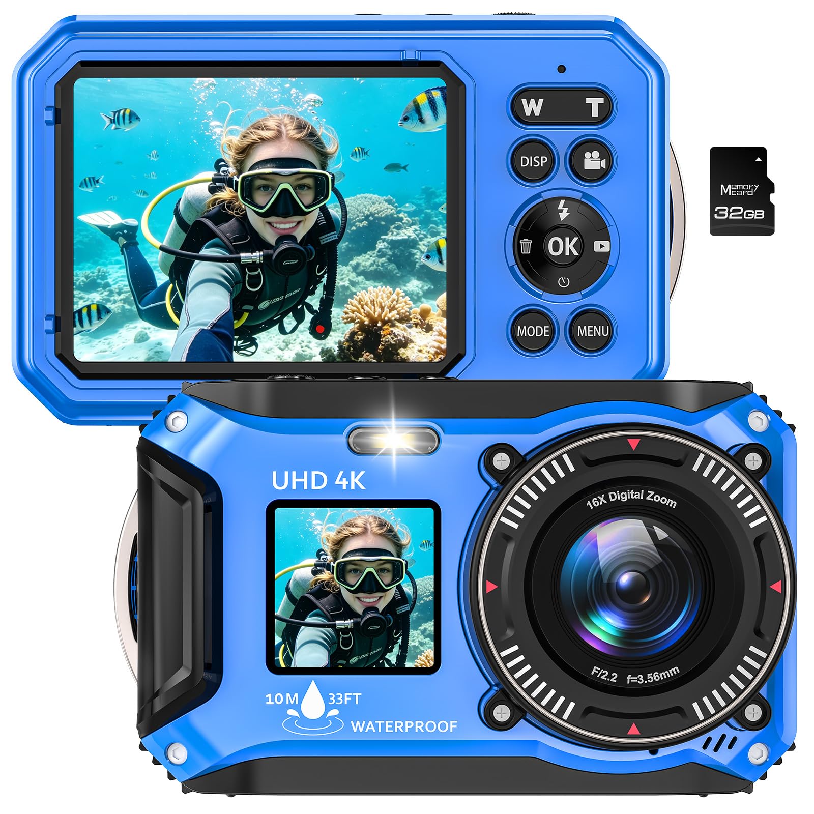 4K Underwater Camera 64MP 33FT Waterproof Camera with 32GB Card | Dual-Screen, 1