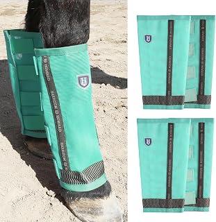 Harrison Howard Loose-Fitting Horse Fly Boots UV-Protective, Breathable Fine Mesh Leggins Stay-on Comfortable Fly Boots with Reflective Strips for Extra Safety (Set of 4) Mint Cob (Medium)