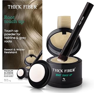 THICK FIBER Root Touch Up & Hairline Powder with Brush 4g – Covers Grey Roots & Thinning Hair – Sweat & Water Resistant – Hair Concealer for Bald Spots & Fill-In (Medium Blonde) for Women & Men