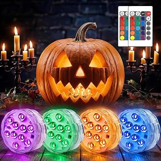 POLENTAT Halloween Pumpkin Lights with Remote, RGB Submersible LED Lights, Portable Waterproof Color Changing Accent Lights for Jack O Lanterns, Pool, Pond, Party and Holiday Decorations (4 Pack)