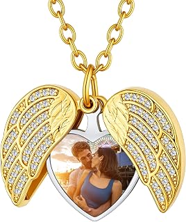 Custom4U Personalized Heart Locket Necklace with Pictures,Sunflower/Angel Wings/Heart Shaped Lockets Custom Photo,Gold/Rose Gold/White Lockets That Holds Picture,Customized Memorial Jewelry for Women