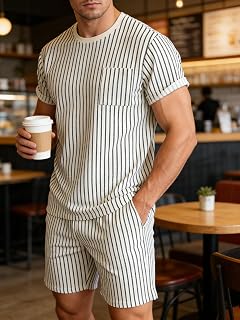 Men's 2 Piece Stripe Tracksuit Set with Short Sleeve T-Shirt and Drawstring Shorts