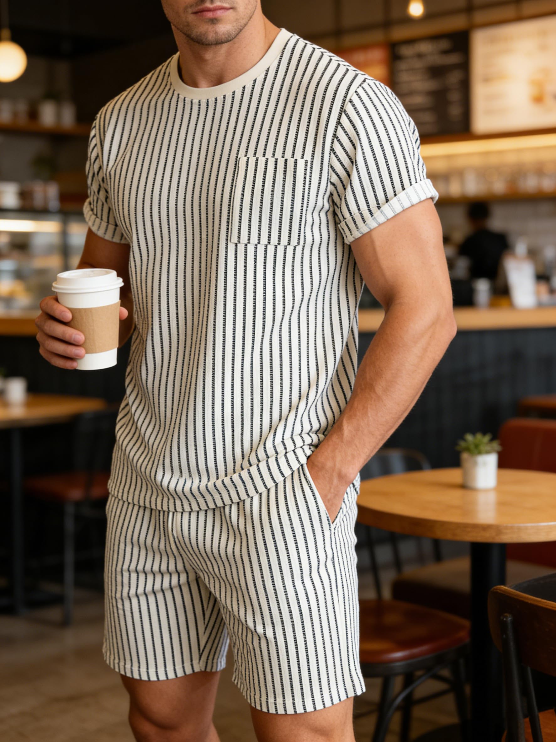 Men's 2 Piece Stripe Tracksuit Set with Short Sleeve T-Shirt and Drawstring Shor