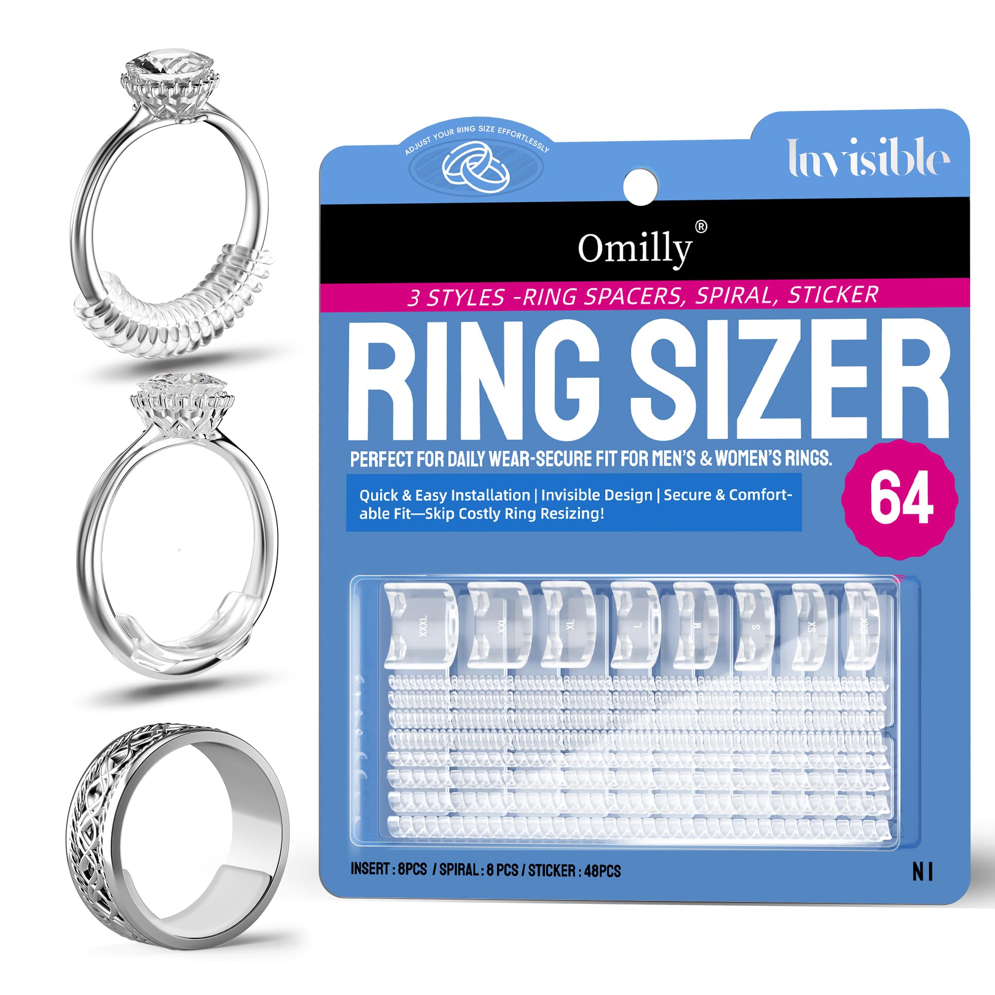 Ring Sizer Adjuster for Loose Rings, 64-Piece Set with 3 Types (Spiral Coils, Ri