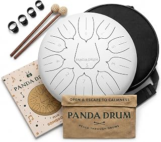 Panda Drum Plus (White) | Steel Tongue Drum for Inside & Outside | 11 Inch | with Music Book, Mallets, Carrying Bag & Finger Picks | 432 Hz Rain Drum | Calming Musical Instrument for Adults
