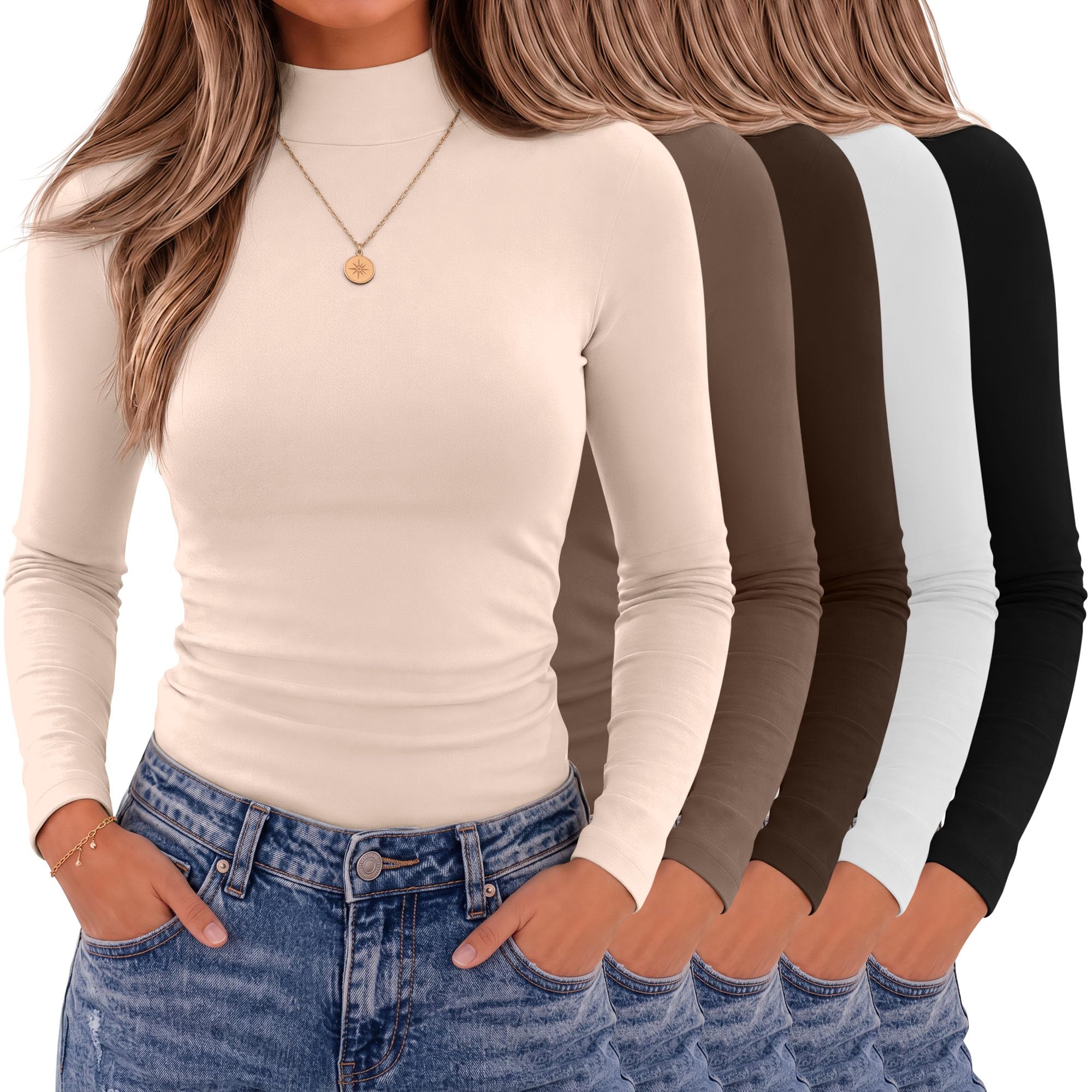 Oakgarden 5 Pack Mock Turtleneck Top for Women Base Shirts