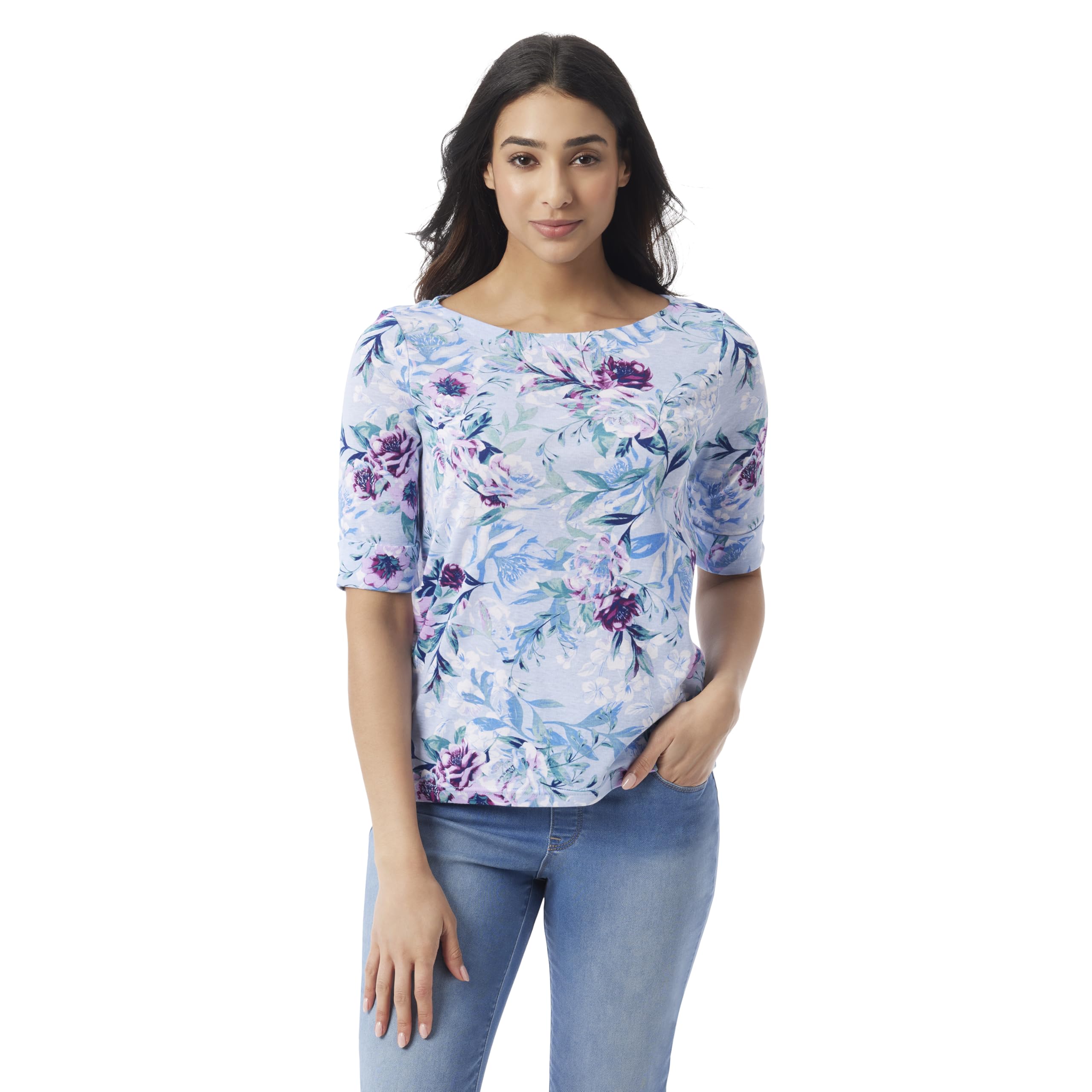Gloria Vanderbilt Alanis Boat Neck Knit Tee Shirt with Elbow Sleeves Standard Al