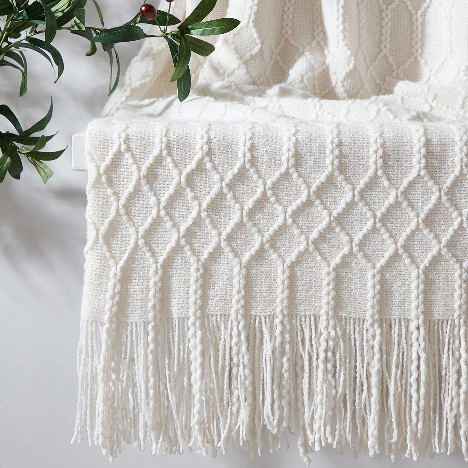 KASYLAN Acrylic Knitted Soft Throw Blanket Sofa Bed Off White 60x80 Inch