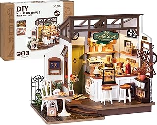 Rolife Coffee Shop DIY Miniature House Kit with LED Light | 183 Pcs Coffee 3D Wooden Puzzle Model Kit for Beginners, 1:18 Scale Therapeutic Craft Diorama for Adult Home Decor & Gift
