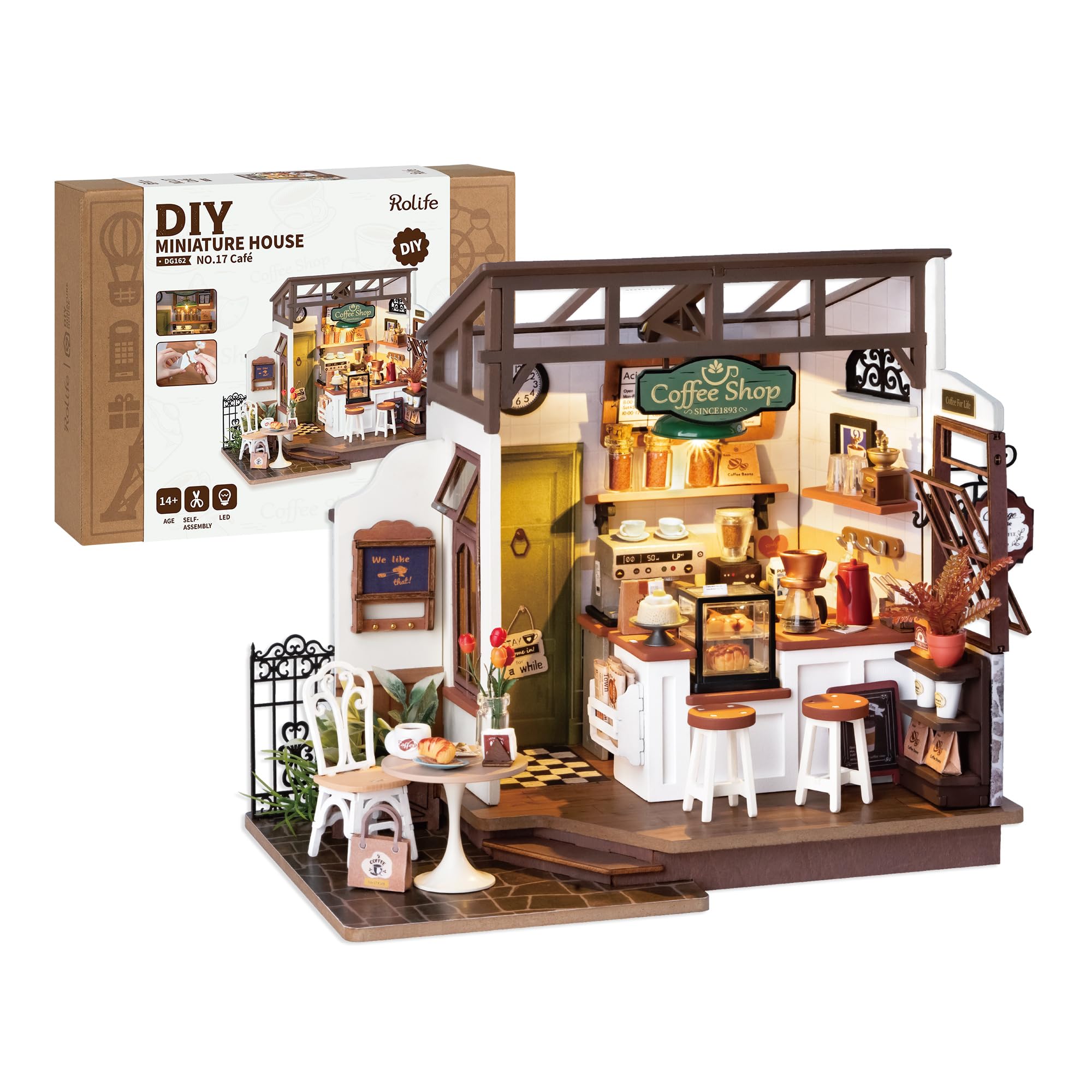 Rolife Coffee Shop DIY Miniature House Kit with LED Light | 183 Pcs Coffee 3D Wo