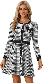 Allegra K Women's Houndstooth Plaid A-Line Elegant Business Work Dress