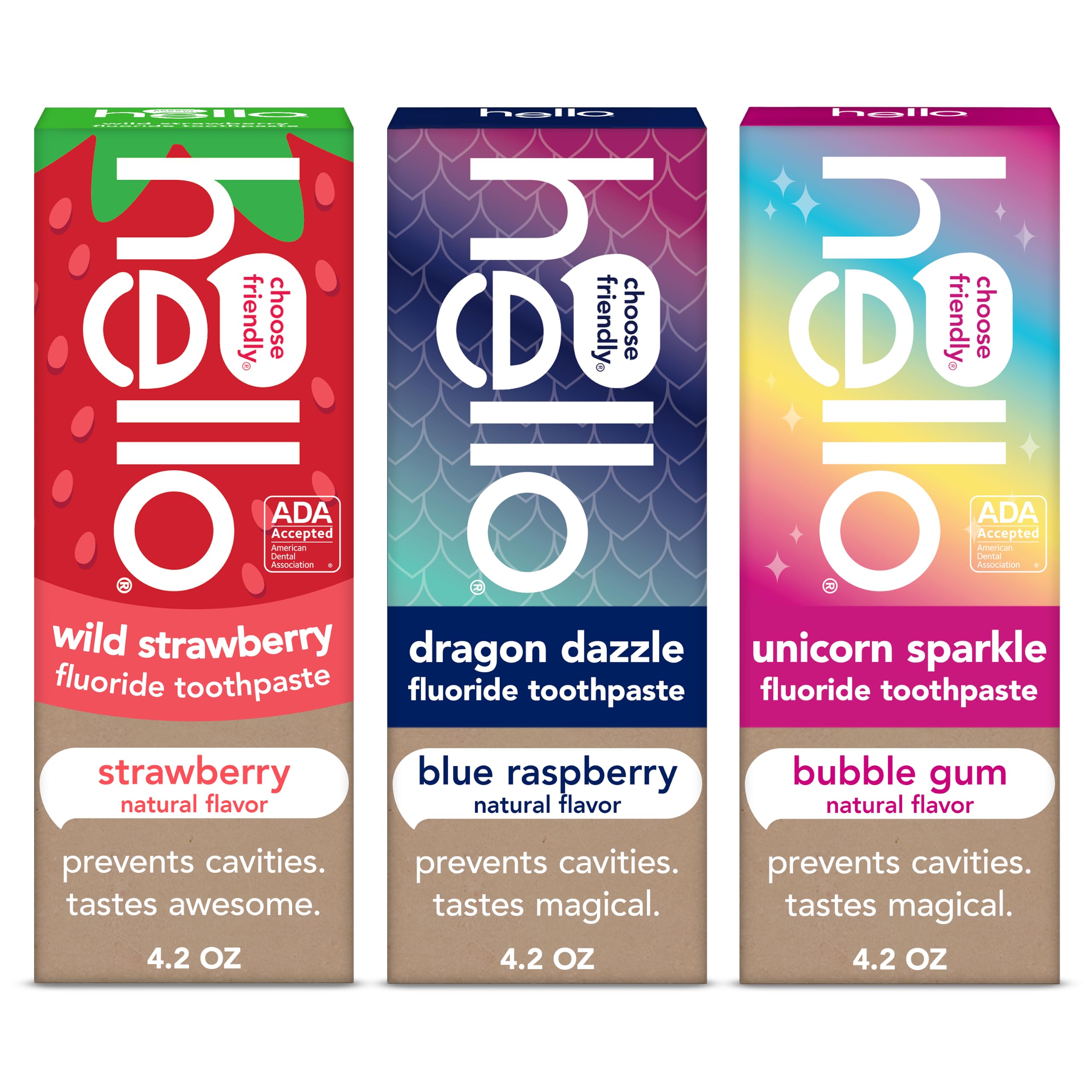hello Kids Fluoride Toothpaste Variety Pack, 3 Pack, 4.2 oz | Bubble Gum, Strawb