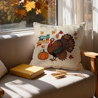 Thanksgiving Throw Pillow Cover 18 x 18 Inches, Give & Thank Banner, Turkey, Pumpkin and Autumn Leaves Printed Autumn Decoration for Sofa Autumn Home Decor and