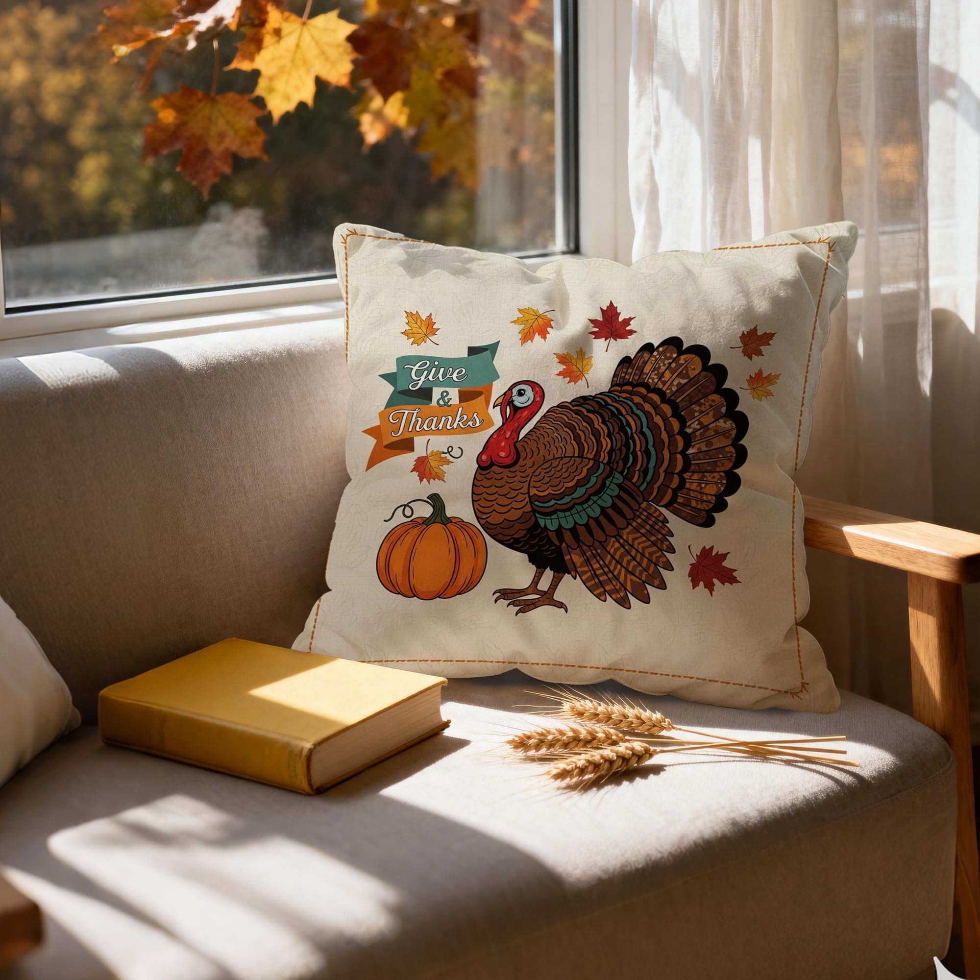 Thanksgiving Throw Pillow Cover 18 x 18 Inches, Give & Thank Banner, Turkey, Pum