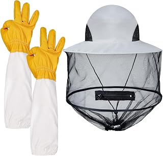 Sucrain Beekeeping Gloves Hats Set Thick Leather Bee Gloves with Ventilated Sleeves & Bee keeper Fencing Veil Mosquito Hats Outfit for Backyard and Beekeeping