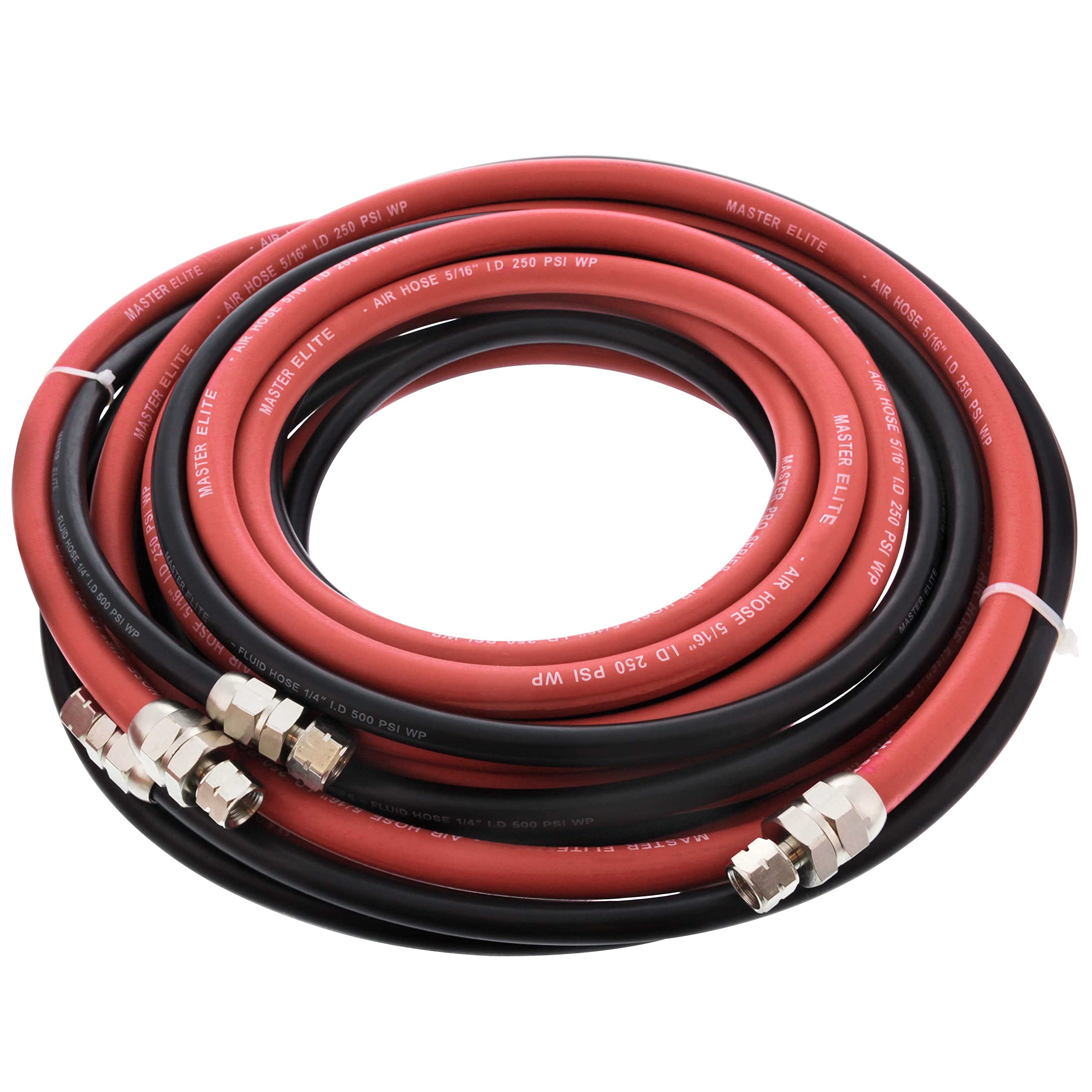 Master Elite Series 25 Foot Air and Fluid Hose Assembly Set with Fittings | with