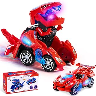Yellcetoy Dinosaur Transform Car Toys, Kids Boys Gifts 3 4 5 6 7 Years Red | Automatic Transformation with Music & Light, Electric Dino Car Birthday Chrismas Present Age 3+