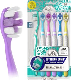 GuruNanda Butter On Gums Toothbrush, ADA Accepted Manual Toothbrushes with 8000+ Ultra Soft Softex Bristles for Sensitive & Receding Gums, Perfect for Whiter Teeth, Assorted Colors, 6 Ct