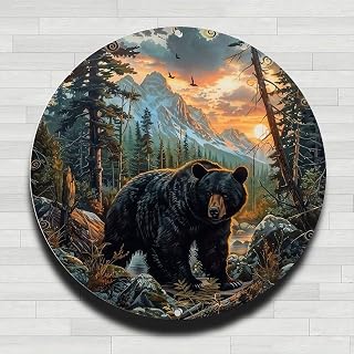 Black Bear Sunset Mountain Forest Vintage Rustic 8" Round Aluminum Wall Sign Indoor Outdoor Gift Decoration for Home Office Bar Yard