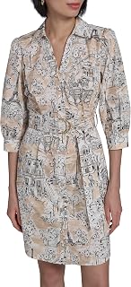 Karl Lagerfeld Women's 3/4 Sleeve Collared Belted Cotton Mini Shirtdress