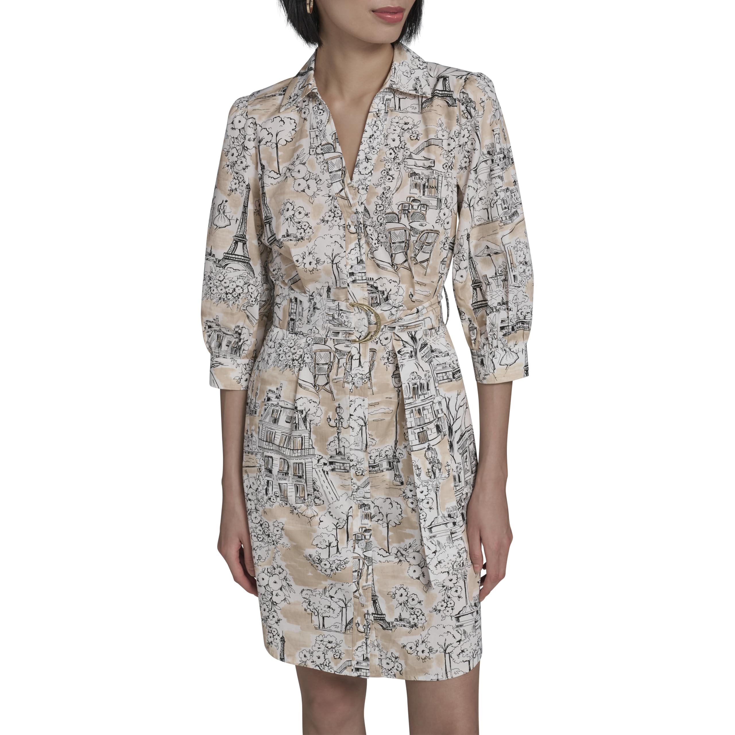 Karl Lagerfeld Women's 3/4 Sleeve Collared Belted Cotton Mini Shirtdress