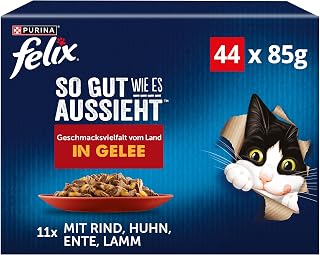 FELIX As Good as It Looks Wet Food for Cats Flavour Variety from the Land Value Pack, 44 Practical Portion Bags, Delicate Pieces in Jelly, 4 Delicious Varieties, 100% Complete Nutrition