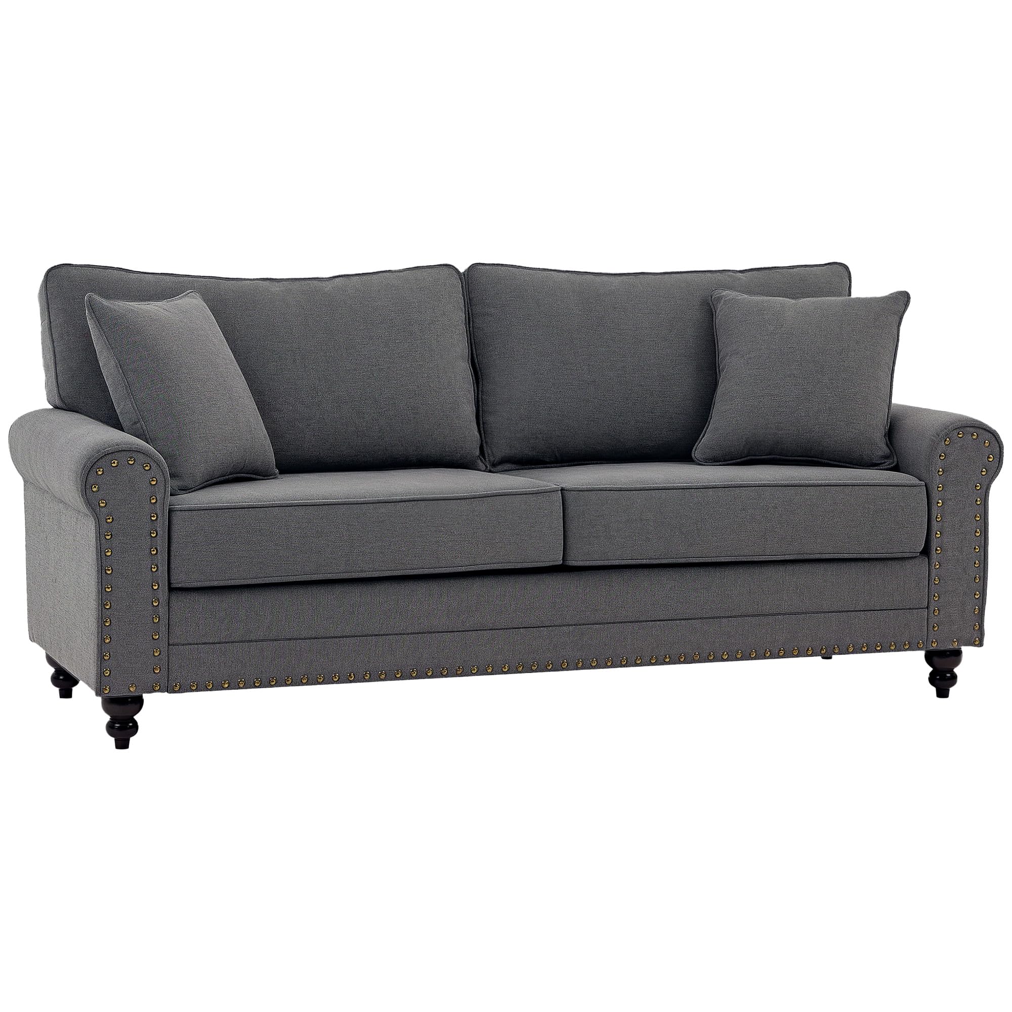 HOMCOM 196cm 3 Seater Sofa with Rubber Wood Legs, Nailhead Trim, Grey