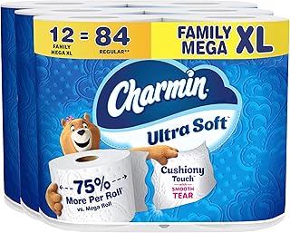 Charmin Toilet Paper Ultra Soft Cushiony Touch, 12 Family Mega XL Rolls = 84 Regular Rolls