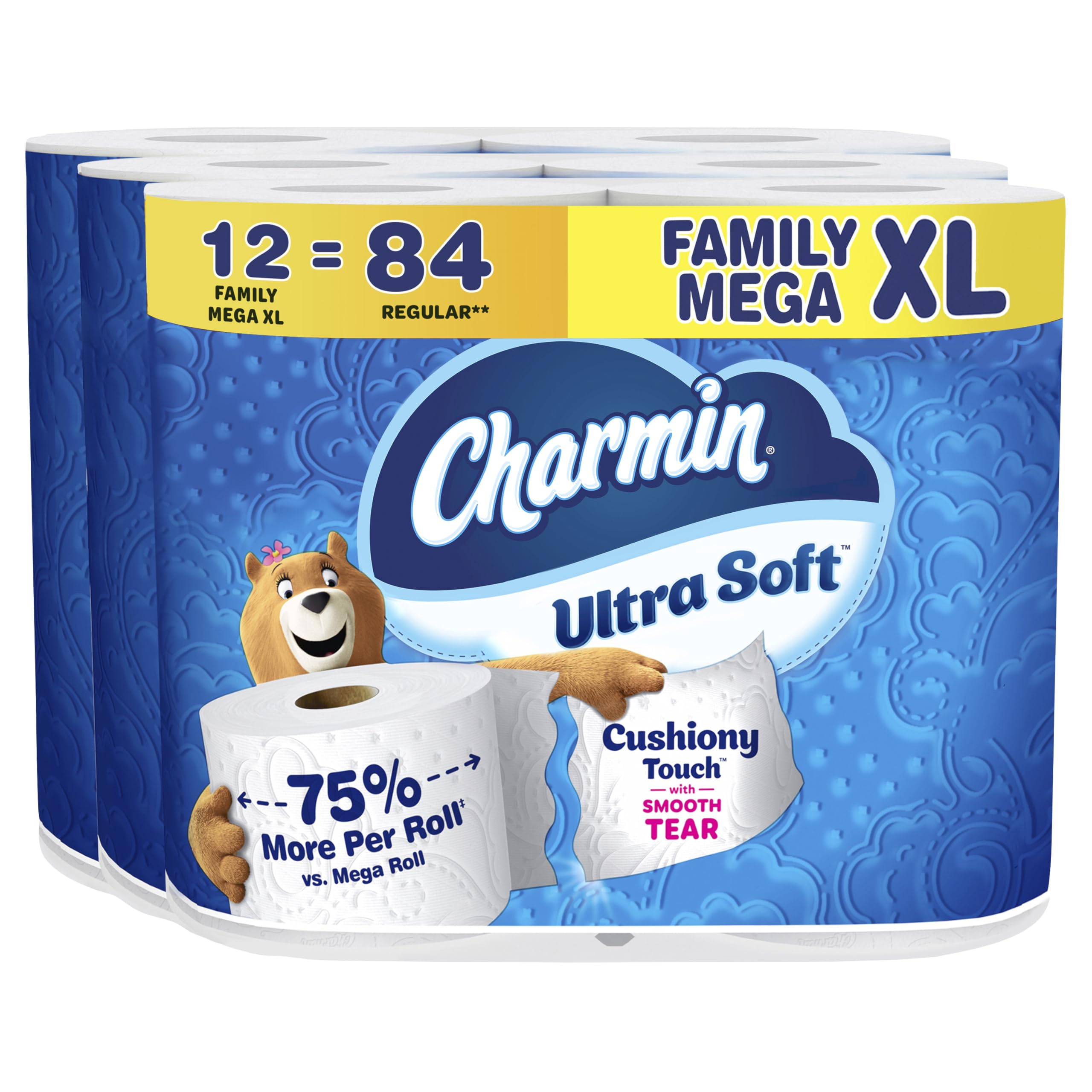 Charmin Toilet Paper Ultra Soft Cushiony Touch, 12 Family Mega XL Rolls = 84 Reg