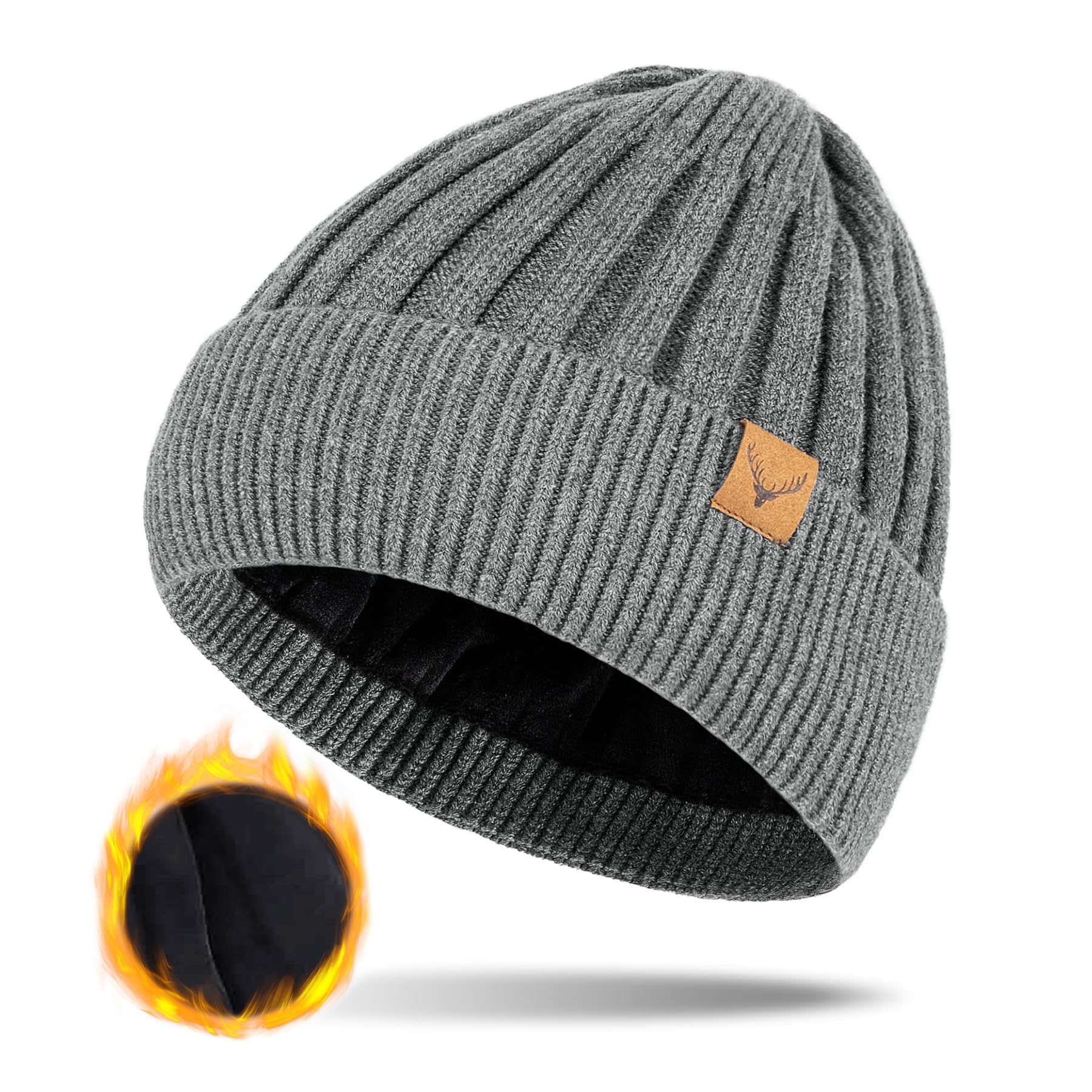 Mens Beanie Hat - Winter Knit Thermal Warm Soft Knit Cuffed Hat Classic Slouch B