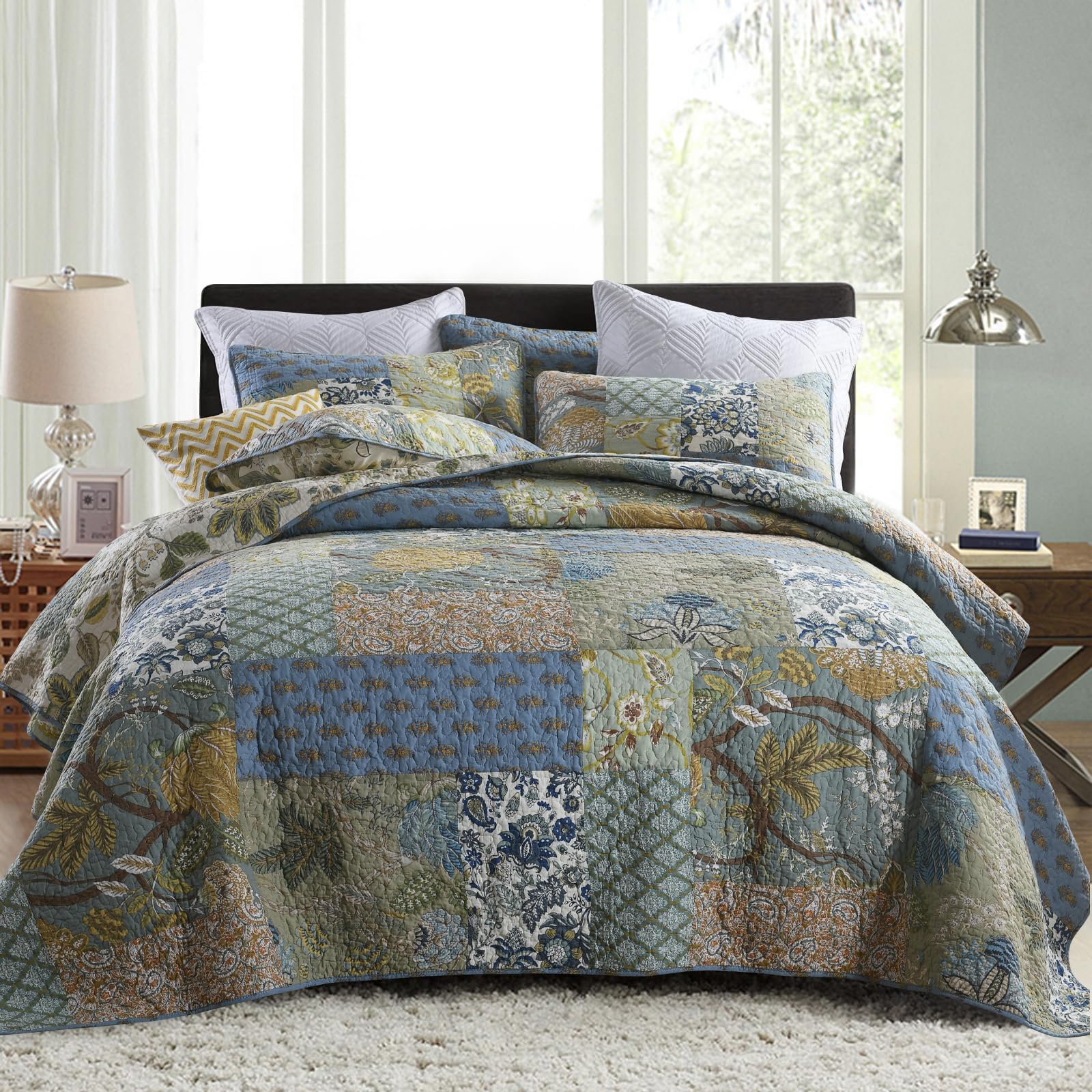 Secgo King Size Comforter Set- 100% Cotton Quilt King Size Set, Green, Sage beds