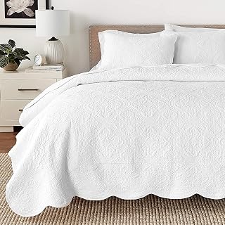 Cozy Line Home Fashions 100% Cotton Victorian Medallion Solid White Matelasse Embossed Bedding Quilt Set, Reversible Lightweight Bedspread, All Season Coverlet (Brandeir-White, King-3 Piece)