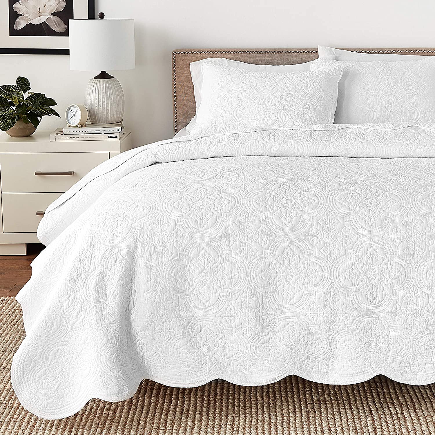 Cozy Line Home Fashions 100% Cotton Victorian Medallion Solid White Matelasse Em