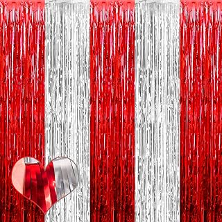 4 Pack 3.2Ft x 8.2Ft Red and Silver Fringe Curtain Backdrop, Metallic Tinsel Foil Fringe Streamers Curtains Background for Photo Booth Wedding Circus Welcome Carnival Birthday Party Decoration