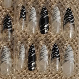 24pcs Press-On Nail Long Stiletto Nail Tips White Black Zebra Print French Fake Nails Silver Glitter Sharp Fake Nail Art Salon Party Finish Design