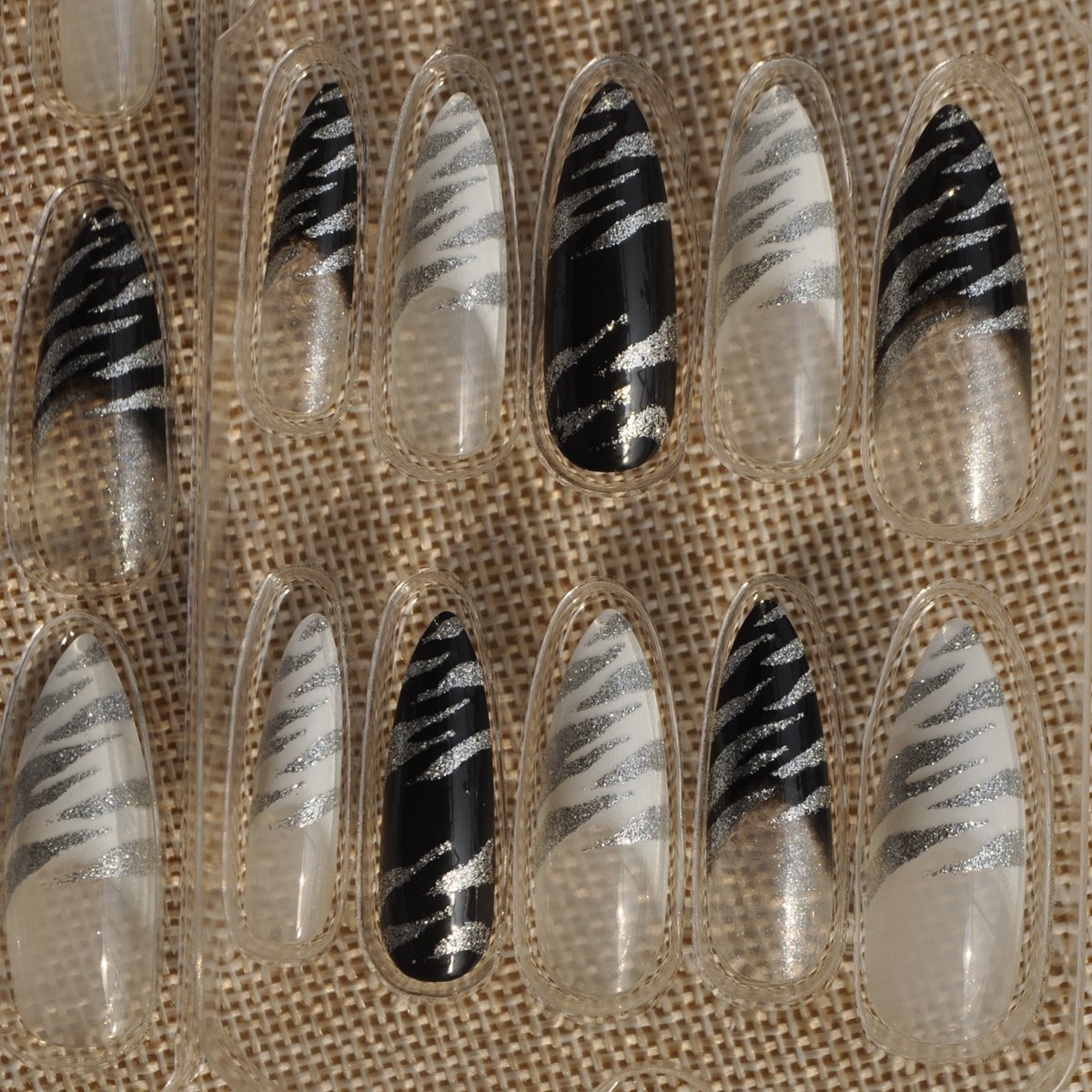 24pcs Press-On Nail Long Stiletto Nail Tips White Black Zebra Print French Fake 