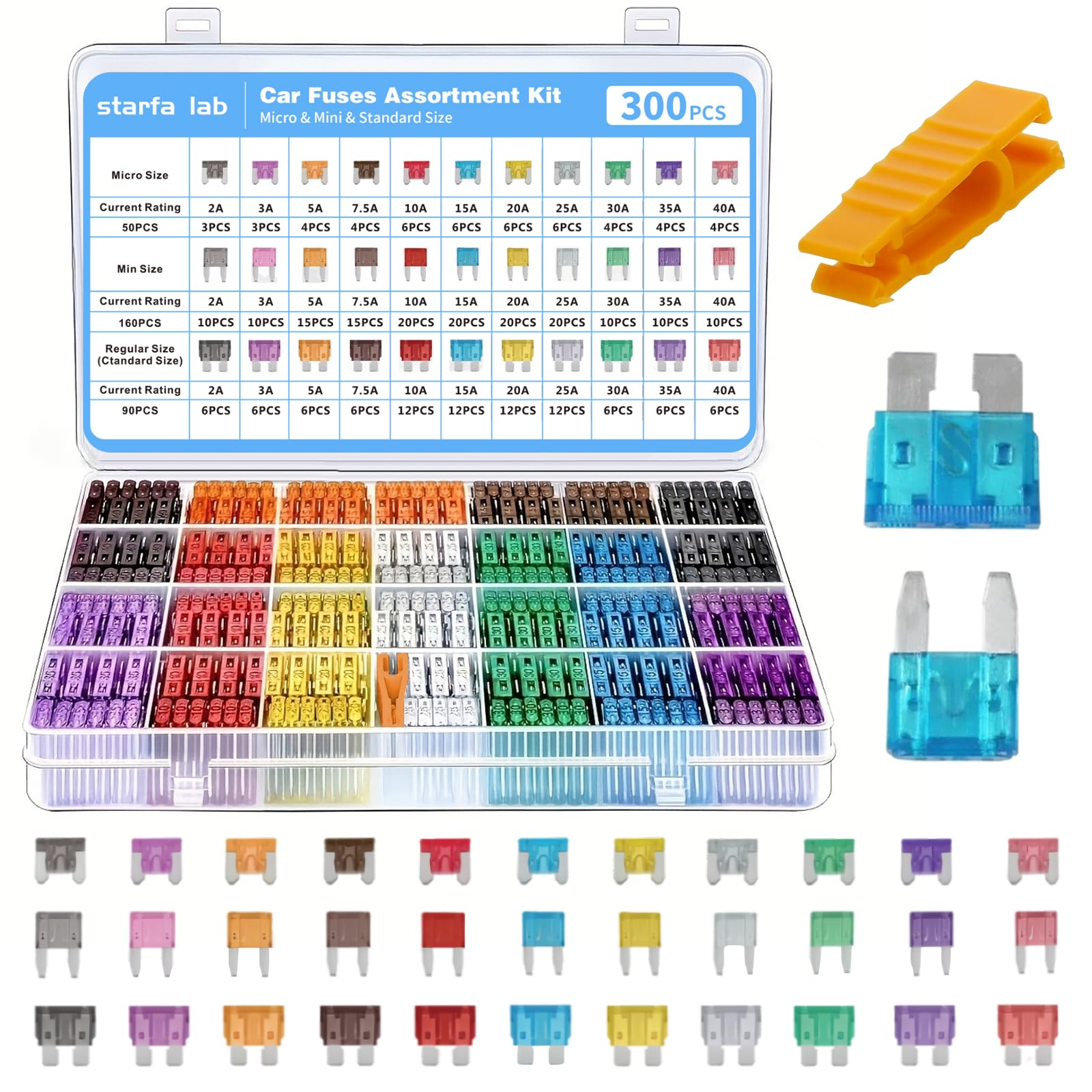 300pcs Car Fuses Kit, 160 Mini & 90 Standard & 50 Micro Blade Fuses Assorted Set