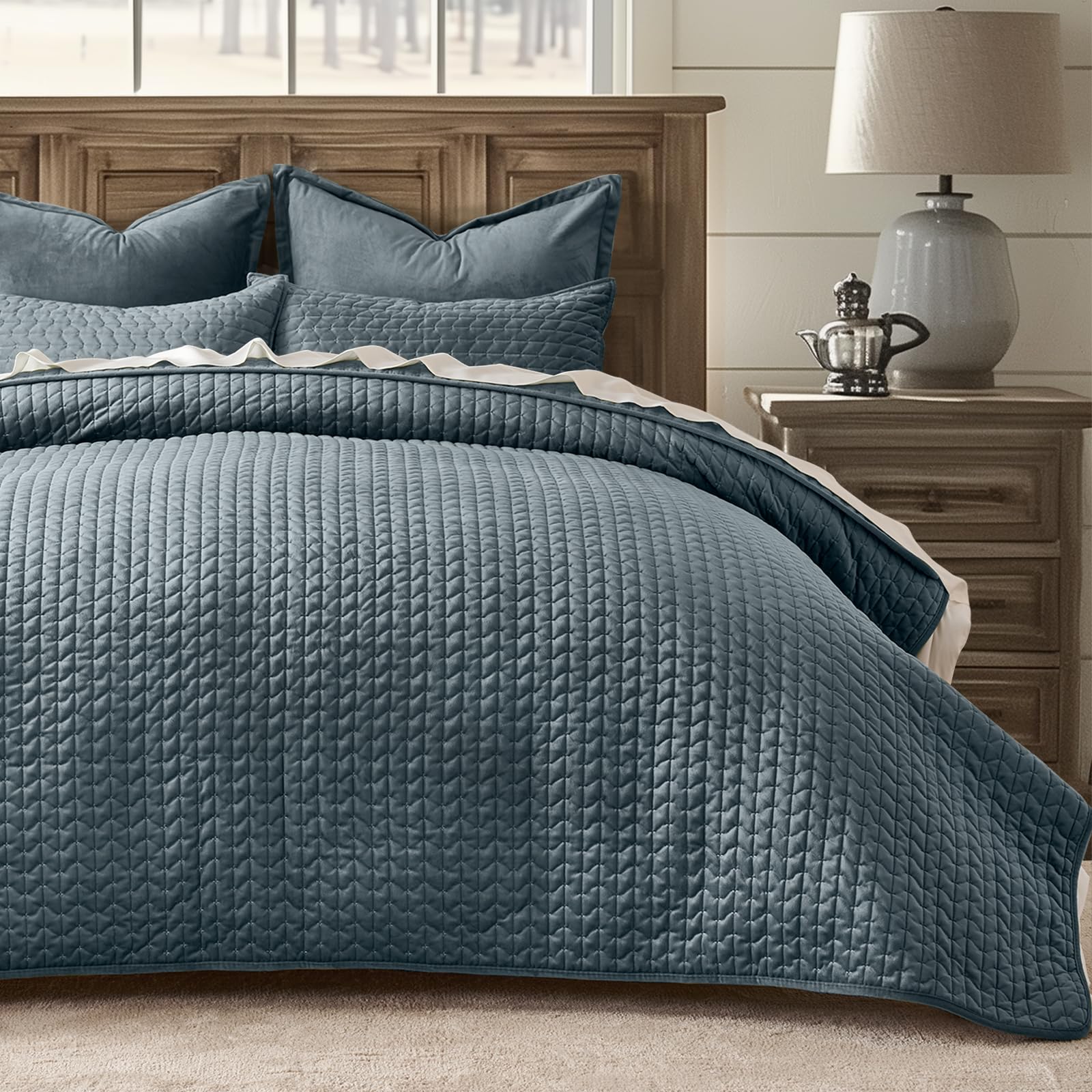 EverGrace Cross-Stitch Velvet Quilt Set, Queen Size, Stormy Blue