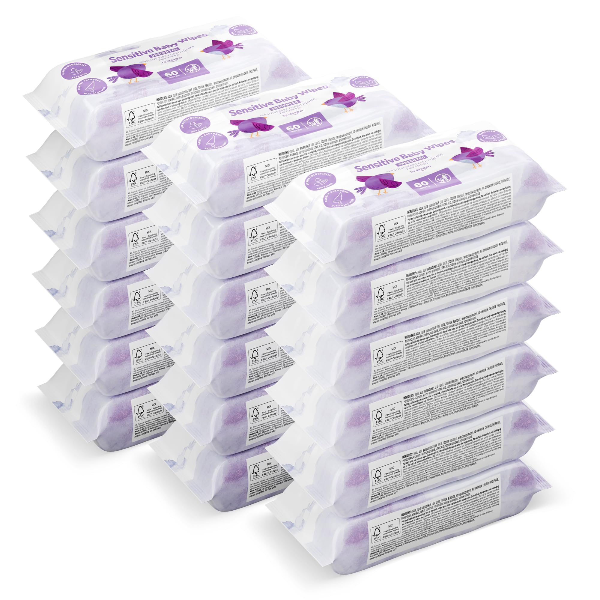 by Amazon Sensitive Baby Wipes, Unscented, 1080 Wipes, 18 Pack of 60, Wipes With