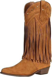 SheSole Fringe Cowboy Boots for Women Wide Mid Calf Cowgirl Boots with Studded, Pointed Toe Chunky Heel Trendy Western Boot