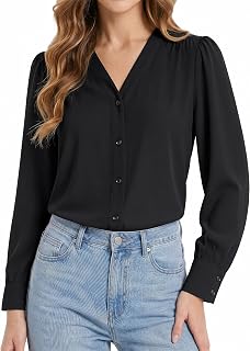 Enmain Womens Long Sleeve V Neck Blouse Ladies Chiffon Smart Shirt