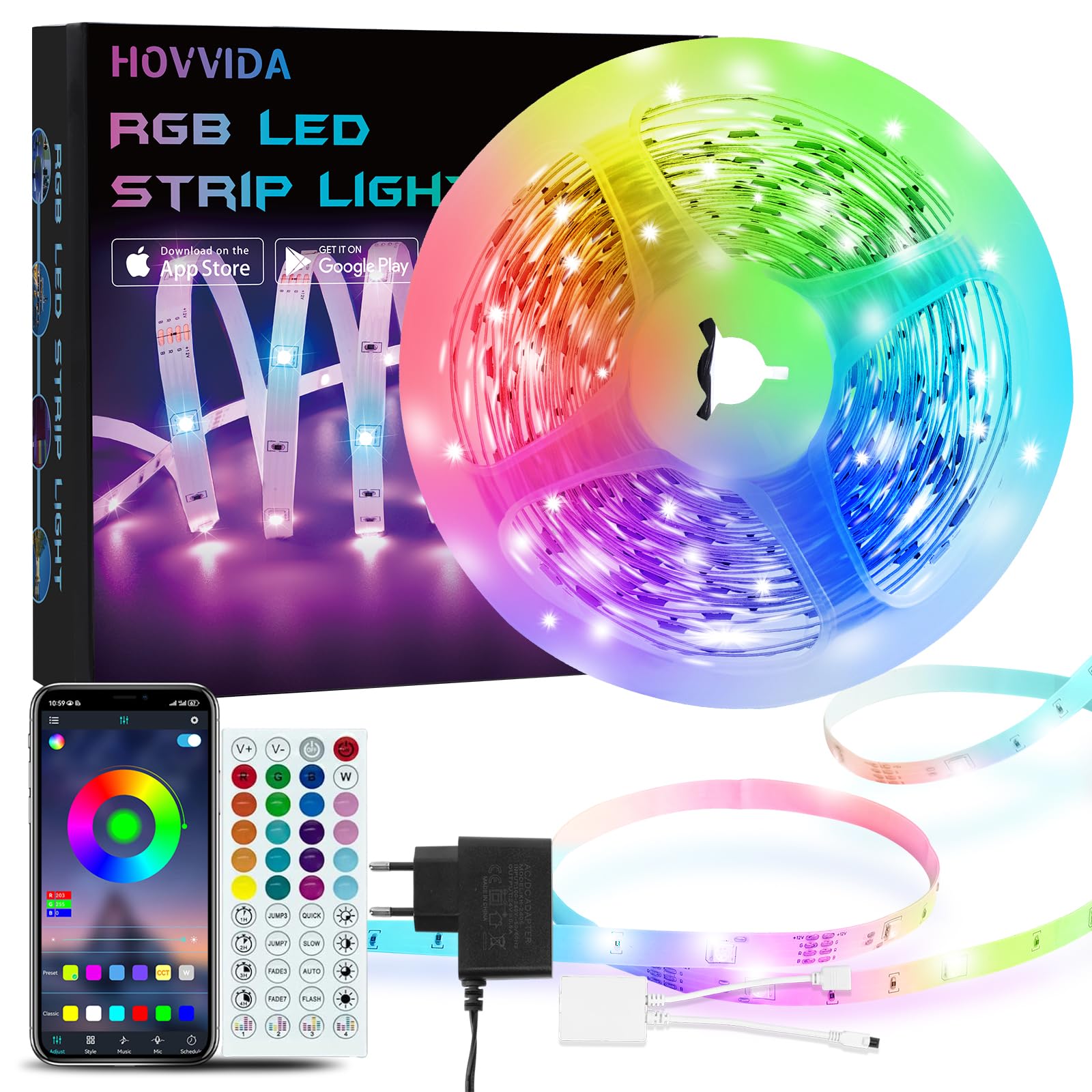 HOVVIDA LED Strip 5 m, 30 LEDs/Metre, 1 x 5 m, 150 LED, RGB LED Strip, App and R